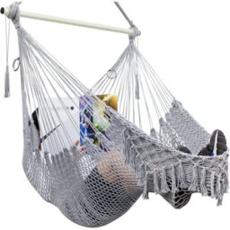 Light Grey Hammock Chair,mesh Swing Chair, Cotton Rope Handwoven Chair With Collapsible Met - thumbnail 1