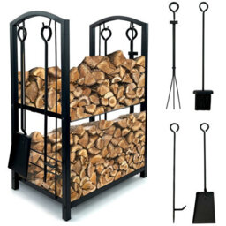 Crystals 2 Tier Firewood Rack Black Log Holder With Hooks & 4 Tools For Wood Storage