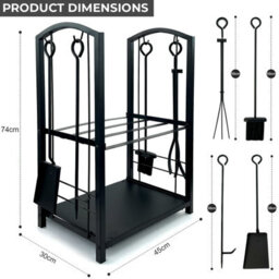 Crystals 2 Tier Firewood Rack Black Log Holder With Hooks & 4 Tools For Wood Storage - thumbnail 2