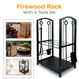 Crystals 2 Tier Firewood Rack Black Log Holder With Hooks & 4 Tools For Wood Storage - thumbnail 3