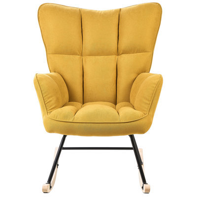 Beliani Rocking Armchair Yellow Polyester Upholstery Biscuit Tufting Wooden Skates, W71 X D83 X H104Cm - image 1