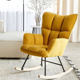 Beliani Rocking Armchair Yellow Polyester Upholstery Biscuit Tufting Wooden Skates, W71 X D83 X H104Cm - thumbnail 2