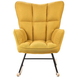 Beliani Rocking Armchair Yellow Polyester Upholstery Biscuit Tufting Wooden Skates, W71 X D83 X H104Cm - thumbnail 1