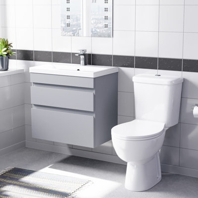Nes Home Matte Grey 600mm Wall Hung 2 Drawers Vanity Unit & Close Coupled Toilet - image 1