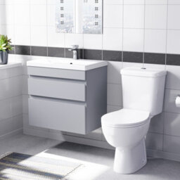 Nes Home Matte Grey 600mm Wall Hung 2 Drawers Vanity Unit & Close Coupled Toilet - thumbnail 1