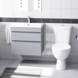 Nes Home Matte Grey 600mm Wall Hung 2 Drawers Vanity Unit & Close Coupled Toilet - thumbnail 2