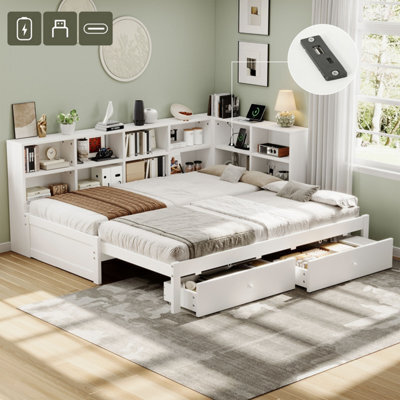 Merax 3 Ft Single Daybed 90X190 Cm, Convertible Super King Bed, Wooden Trundle Bed With 2 Drawers, Charging Station, White - image 1