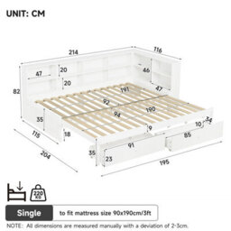 Merax 3 Ft Single Daybed 90X190 Cm, Convertible Super King Bed, Wooden Trundle Bed With 2 Drawers, Charging Station, White - thumbnail 5
