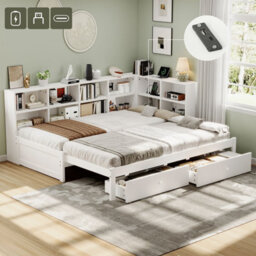 Merax 3 Ft Single Daybed 90X190 Cm, Convertible Super King Bed, Wooden Trundle Bed With 2 Drawers, Charging Station, White - thumbnail 1
