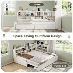 Merax 3 Ft Single Daybed 90X190 Cm, Convertible Super King Bed, Wooden Trundle Bed With 2 Drawers, Charging Station, White - thumbnail 7