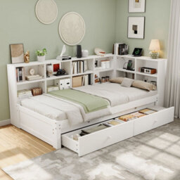 Merax 3 Ft Single Daybed 90X190 Cm, Convertible Super King Bed, Wooden Trundle Bed With 2 Drawers, Charging Station, White - thumbnail 3
