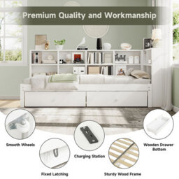 Merax 3 Ft Single Daybed 90X190 Cm, Convertible Super King Bed, Wooden Trundle Bed With 2 Drawers, Charging Station, White - thumbnail 8