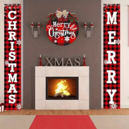 CLEFFNS Christmas Decorations Outdoor Yard Front Porch Sign Set, Red Black Buffalo Plaid Door Banner With Hanging Merry Christmas Wreath - thumbnail 4