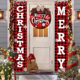 CLEFFNS Christmas Decorations Outdoor Yard Front Porch Sign Set, Red Black Buffalo Plaid Door Banner With Hanging Merry Christmas Wreath - thumbnail 1