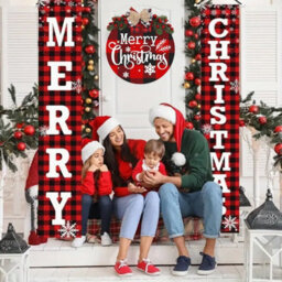 CLEFFNS Christmas Decorations Outdoor Yard Front Porch Sign Set, Red Black Buffalo Plaid Door Banner With Hanging Merry Christmas Wreath - thumbnail 2
