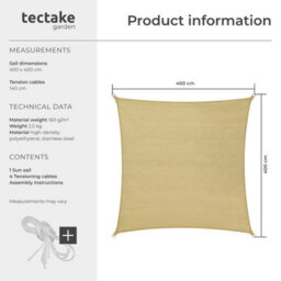 Tectake Shade Sail - Rectangular With Uv Protection 50+, Water-Repellent - 4 X 4 M - Beige - thumbnail 6