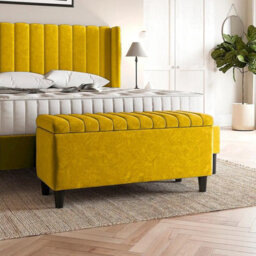 90Cm Safari Striped Plush Velvet Upholstered Ottoman Storage Bench With Legs,mustard Gold Deep Storage End Of Bed Shoes Bench