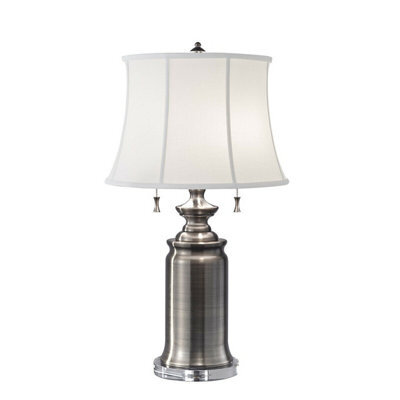 Elegant 2 Bulb Twin Table Lamp With Antique Nickel Finish And Cotton Linen Shade