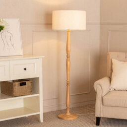 Valuelights Victoria Candlestick Light Wood Floor Lamp With Cream Boucle Drum Shade