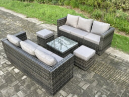 Fimous Rattan Garden Furniture Set 8 Seater Patio Outdoor Lounge Sofa Set With Square Coffee Table 2 Small Footstools - thumbnail 2