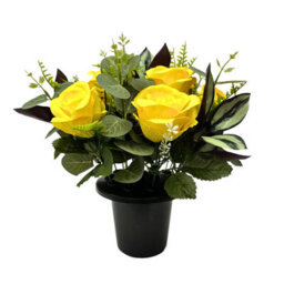 Premium Artificial Grave Flowers - Yellow Open Roses With Eucalyptus (25Cm) Memorial Vase Pot - thumbnail 3