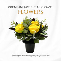 Premium Artificial Grave Flowers - Yellow Open Roses With Eucalyptus (25Cm) Memorial Vase Pot