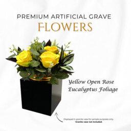 Premium Artificial Grave Flowers - Yellow Open Roses With Eucalyptus (25Cm) Memorial Vase Pot - thumbnail 2