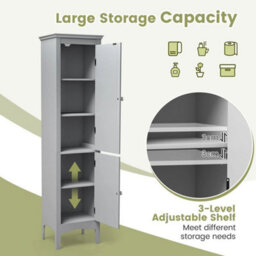 5-Tier Bathroom Tall Cabinet Double-Door Slim Storage Cupboard Grey - thumbnail 3