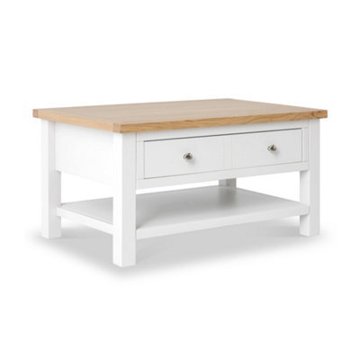 Farro White 85Cm Coffee Table With Drawer - Painted With Oak Top - By Roseland Furniture - image 1