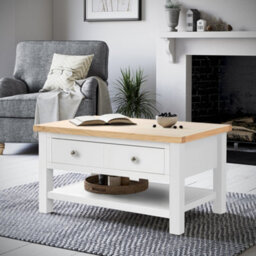 Farro White 85Cm Coffee Table With Drawer - Painted With Oak Top - By Roseland Furniture - thumbnail 2