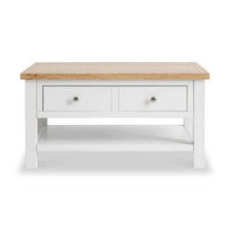 Farro White 85Cm Coffee Table With Drawer - Painted With Oak Top - By Roseland Furniture - thumbnail 3