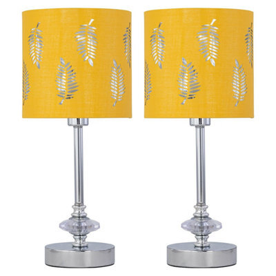 First Choice Lighting Set Of 2 Chrome Jewelled Table Lamps With Ochre Mustard Fern Shades - image 1