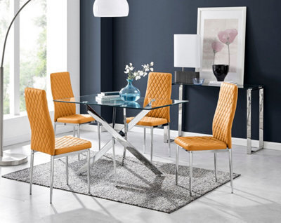 Furniturebox Leonardo 4 Seat Rectangular Glass Dining Table With Silver Metal Leg & 4 Mustard Milan Faux Leather Silver Leg Chairs - image 1