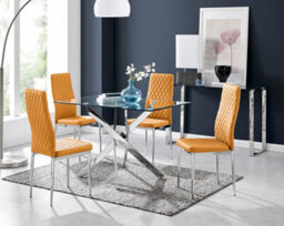 Furniturebox Leonardo 4 Seat Rectangular Glass Dining Table With Silver Metal Leg & 4 Mustard Milan Faux Leather Silver Leg Chairs