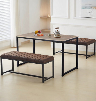 Hallowood Furniture Kempley Fixed Top Dining Table Set With 2 Brown Faux Leather Benches - image 1