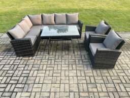 Fimous High Back Outdoor Garden Furniture Set Rattan Corner Sofa Dining Table Set With 2 Armchairs 8 Seater - thumbnail 1