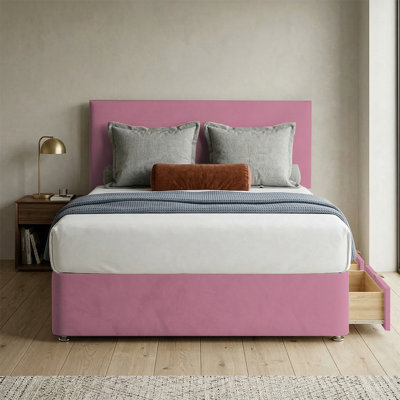 Adore Designs Victoria Plush Velvet Divan Bed, Headboard & Mattress - 4Ft Small Double - Pink - 2 Drawers Same Side - image 1