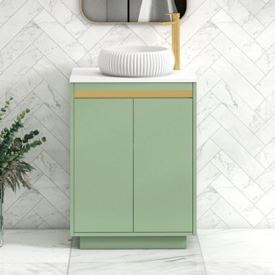Royal Bathrooms Orion 600mm Mint Sage Floor Standing Plain White Countertop Vanity Unit 2 Door With Milan Basin & Brushed Brass Accent Trim - image 1