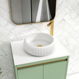 Royal Bathrooms Orion 600mm Mint Sage Floor Standing Plain White Countertop Vanity Unit 2 Door With Milan Basin & Brushed Brass Accent Trim - thumbnail 5