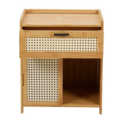 Drawer Bedside Table Wooden Rattan Home Side Storage Cabinet With Sliding Door - image 1