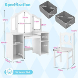 Gainoom Kids White Vanity Desk & Chair 2 In 1 Toddler Makeup Pretend Play Table Princess Dressing Table - thumbnail 2