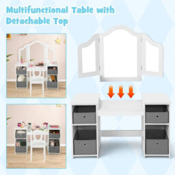 Gainoom Kids White Vanity Desk & Chair 2 In 1 Toddler Makeup Pretend Play Table Princess Dressing Table - thumbnail 9