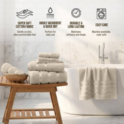 Casabella Towels Set, 8 Pc Towels For Bathroom, 100% Cotton, 2 Bath Towels, 2 Hand Towels, 4 Face Cloth - Beige - thumbnail 4