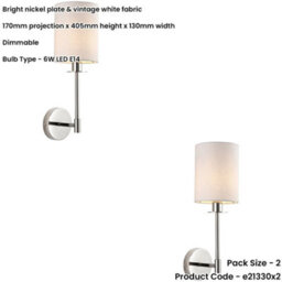 Loops 2 Pack Polished Nickel Dimmable Wall Light - Modern Vintage White Cylinder Shade - 6W Led E14 - thumbnail 2