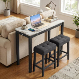 Gainoom 3-Piece Bar Table Set Modern Counter Height Breakfast Table With Faux Marble Top & 2 Padded Stools - thumbnail 4