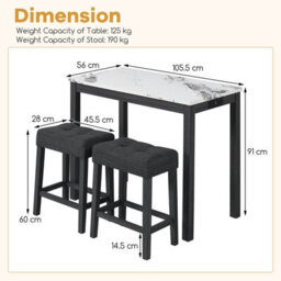 Gainoom 3-Piece Bar Table Set Modern Counter Height Breakfast Table With Faux Marble Top & 2 Padded Stools - thumbnail 2