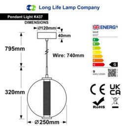 Long Life Lamps Company Led Globe Ceiling Pendant Light Smoked Grey Glass Lamp Shade Chrome Holder K437 - thumbnail 2