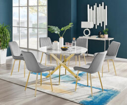 Furniturebox Uk Novara White Marble Gold Leg 120Cm Round Dining Table & 6 Grey Pesaro Gold Leg Chairs