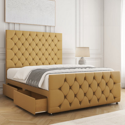 Bsspoke Maya Divan Bed Set Mustard Plush Velvet 54Inch Headboard & 20Inch Footboard 2 Drawers Same Side & Mattress In All Sizes - image 1