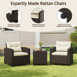 Yaheetech Wicker Patio Bistro Set, Rattan Coffee Table And 2 Cushioned Chairs, Brown/beige - thumbnail 4